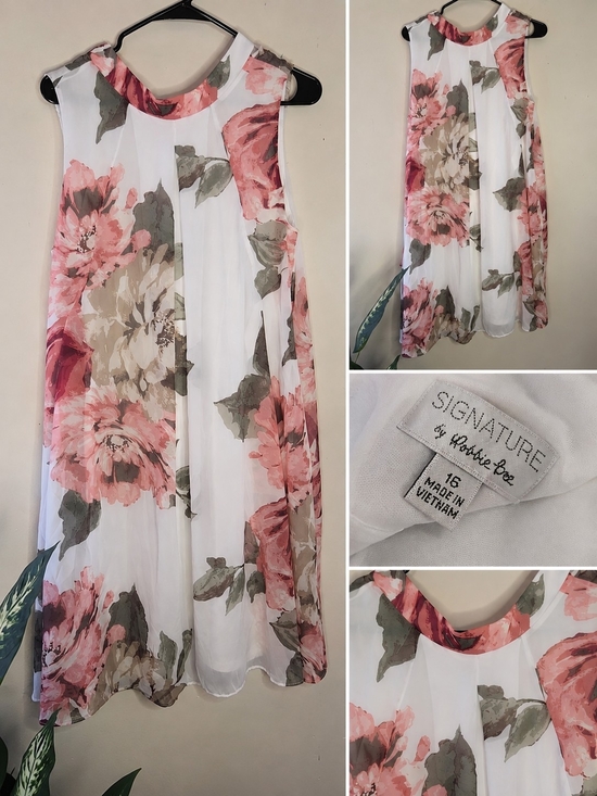 Signature by Robbie Bee Tops - Floral Sleeveless A-Line Dress – Pink & White – Size 16